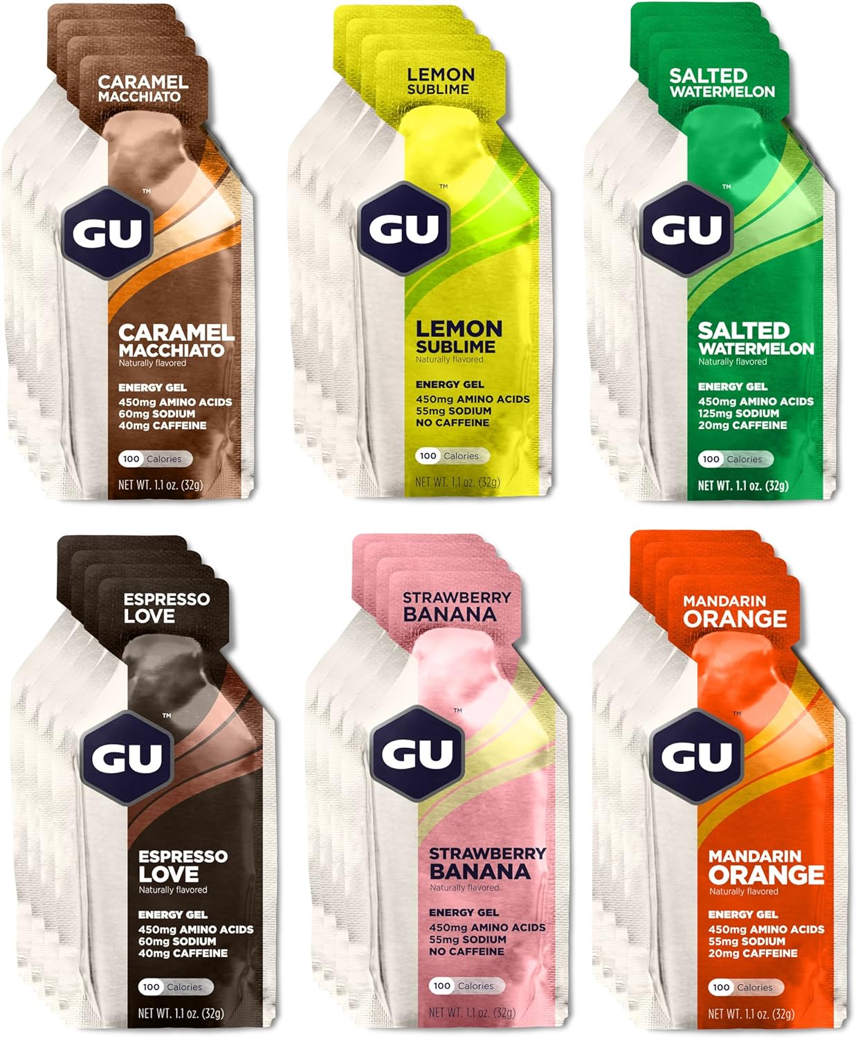 GU Energy Gel - Espresso - Mandarin orange - Tri berry  birthday cake - lemon - caramel macchiato Vanilla - Watermelon  - strawberry banana